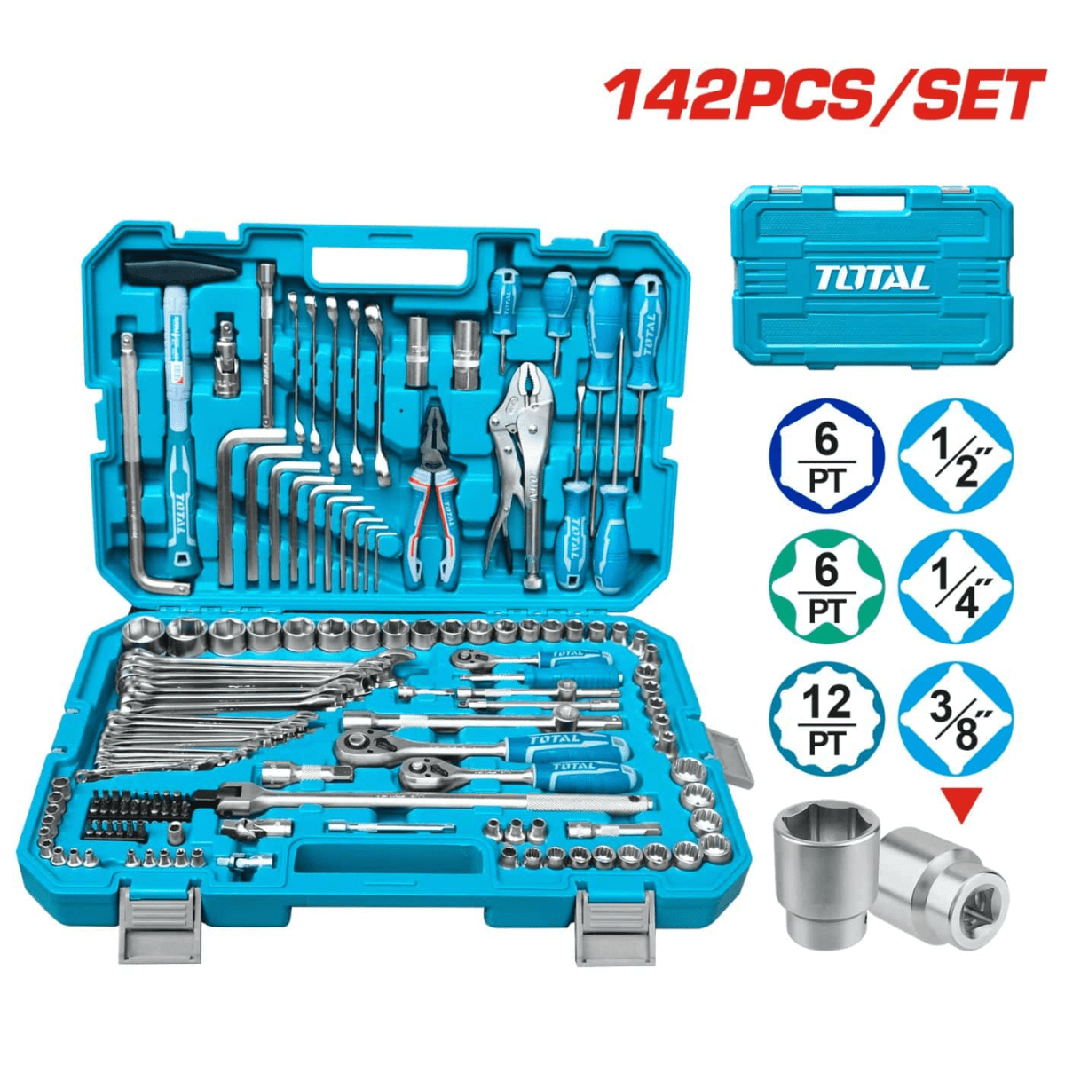 SET DE HERRAMIENTAS MANUALES, DADOS Y RATCHET 142PZAS -THKTHP214262