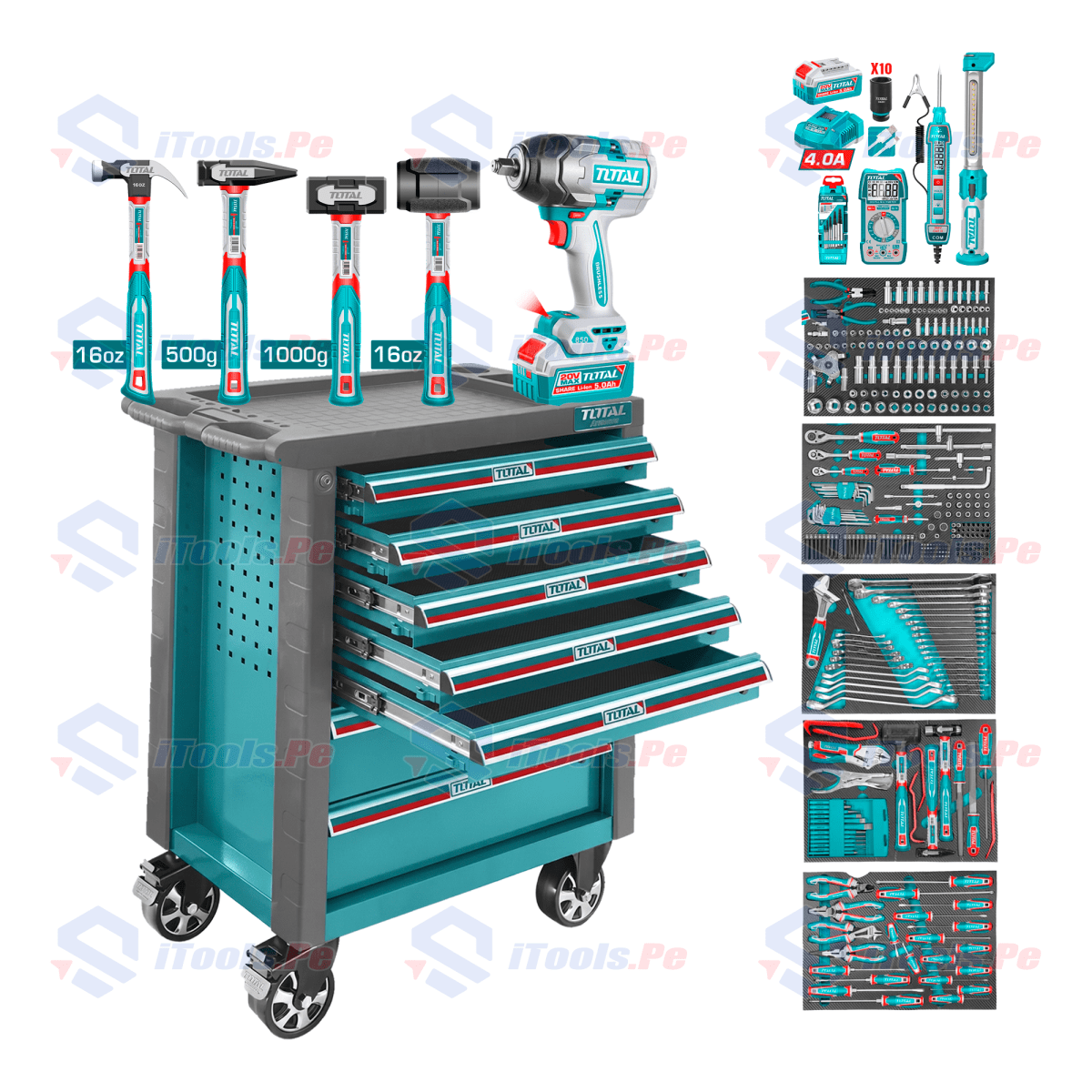 CARRO 396 PCS 7 CAJONES + LLAVE DE IMPACTO + JGO DE MARTILLOS TOTAL1