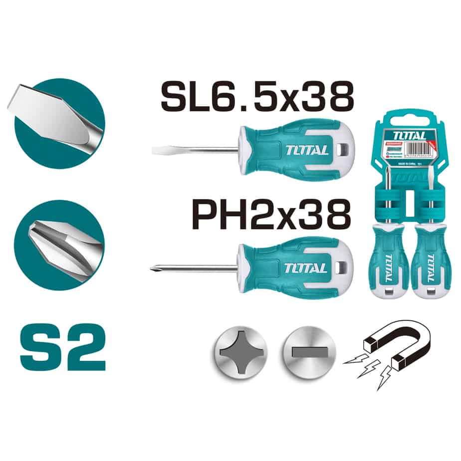 JUEGO DE 2 DESTORNILLADORES CORTOS TOTAL THTS202062