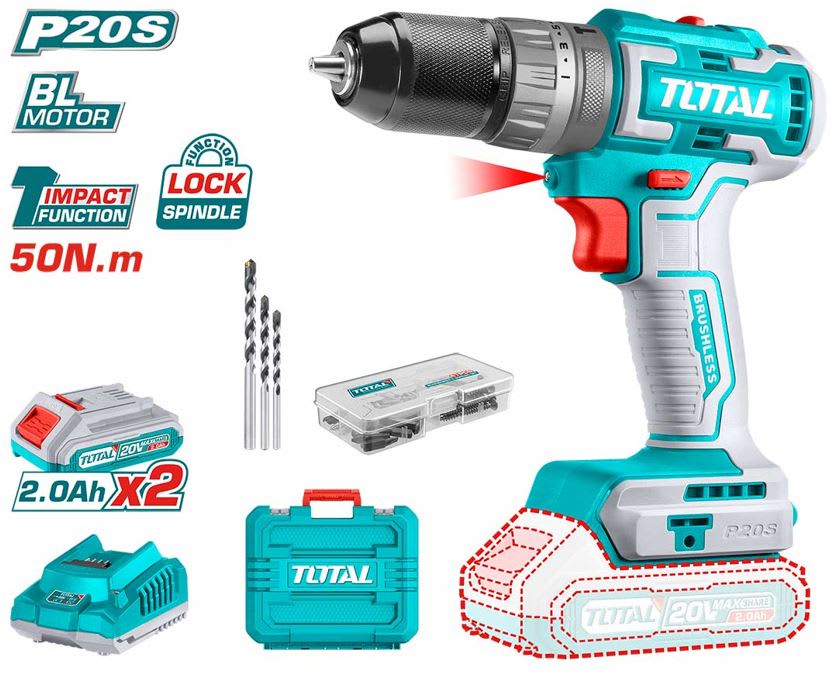 TALADRO ATORNILLADOR PERCUTOR 20V BRUSHLESS INALÁMBRICO TOTAL1