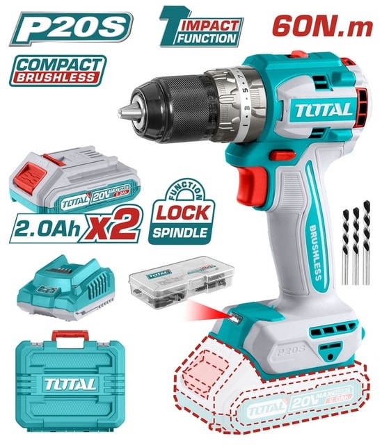 TOTAL TALADRO PERCUTOR COMPACTO BRUSHLESS ION LITIO 20V/2AH/60NM BL MOTOR (TIDLI20602)1