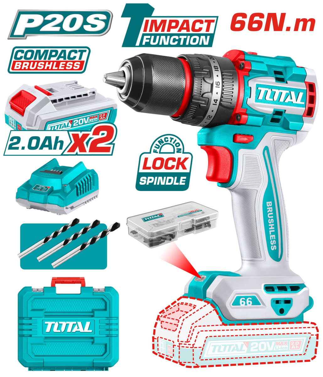 TALADRO ATORNILLADOR C/PERCUTOR BRUSHLESS 20V 66NM TOTAL / TIDLI206681