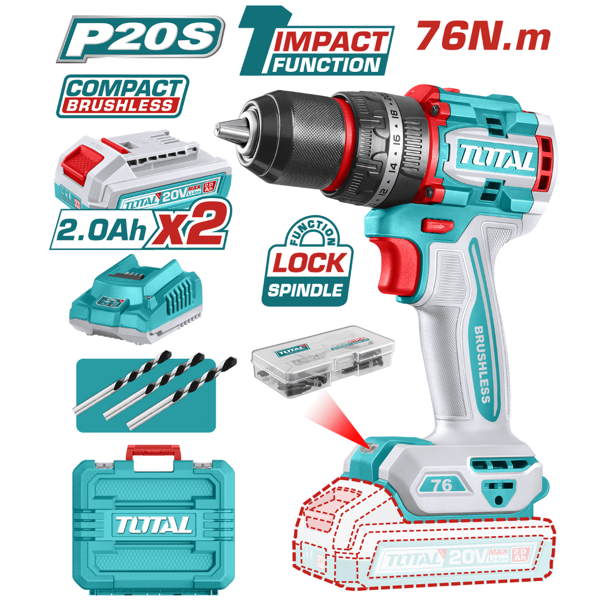 TALADRO PERCUTOR LI-ION 20V 76NM BRUSHLESS MALETIN TOTAL - TIDLI207681