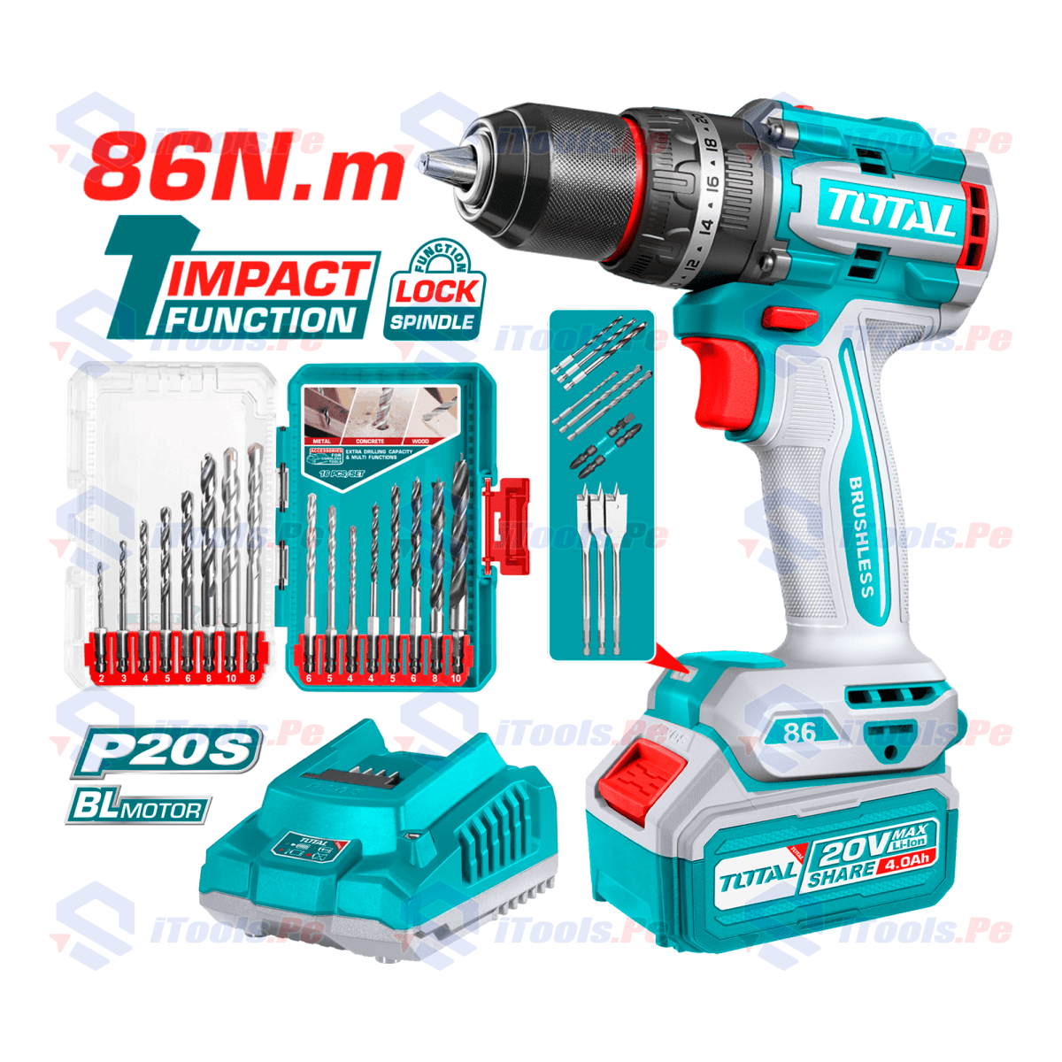 KIT TALADRO PERCUTOR 86 NM TOTAL1