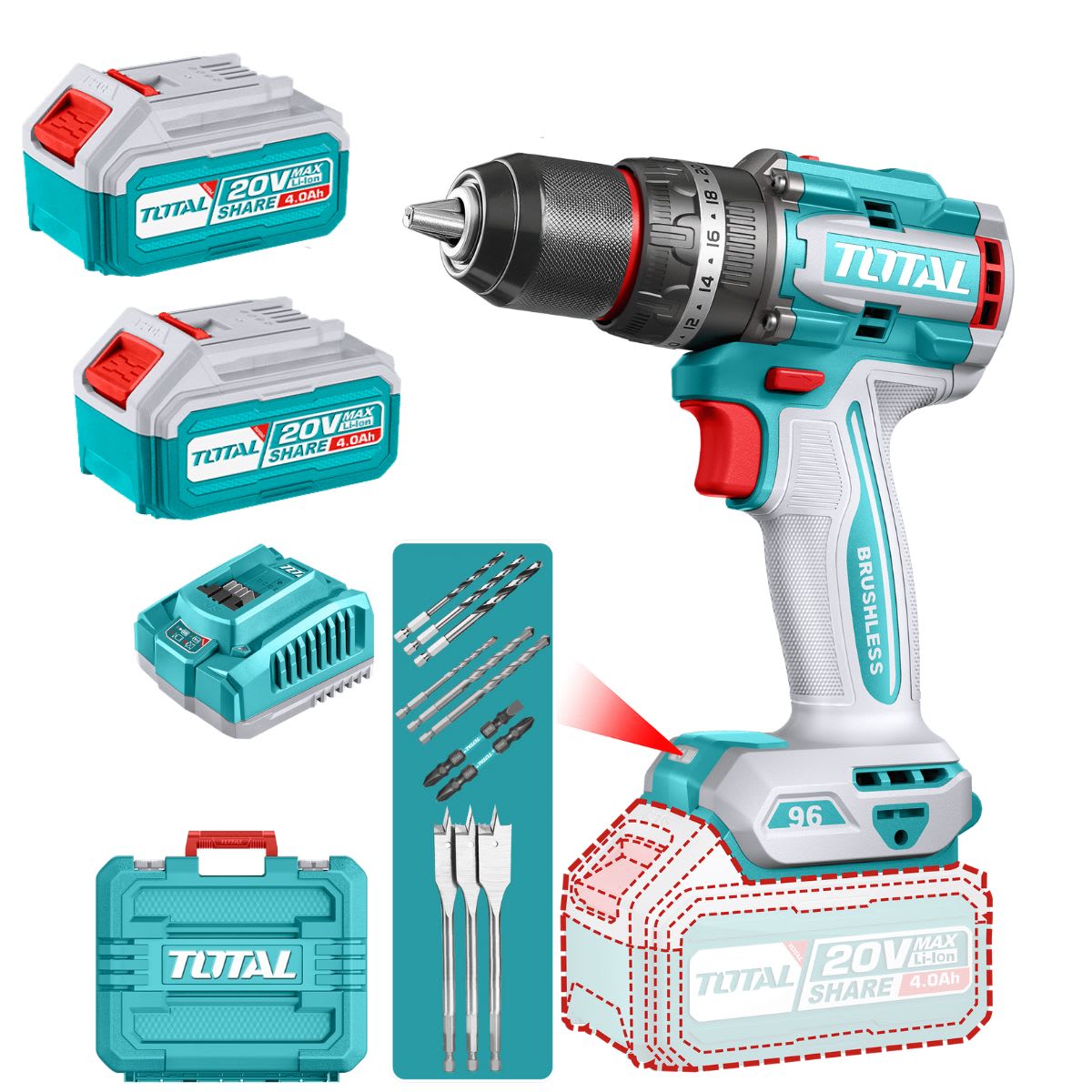 Taladro percutor LI-ON 20V 96NM 13MM + Baterias 2 X 4AH + ACC Maletin - TIDLI209682