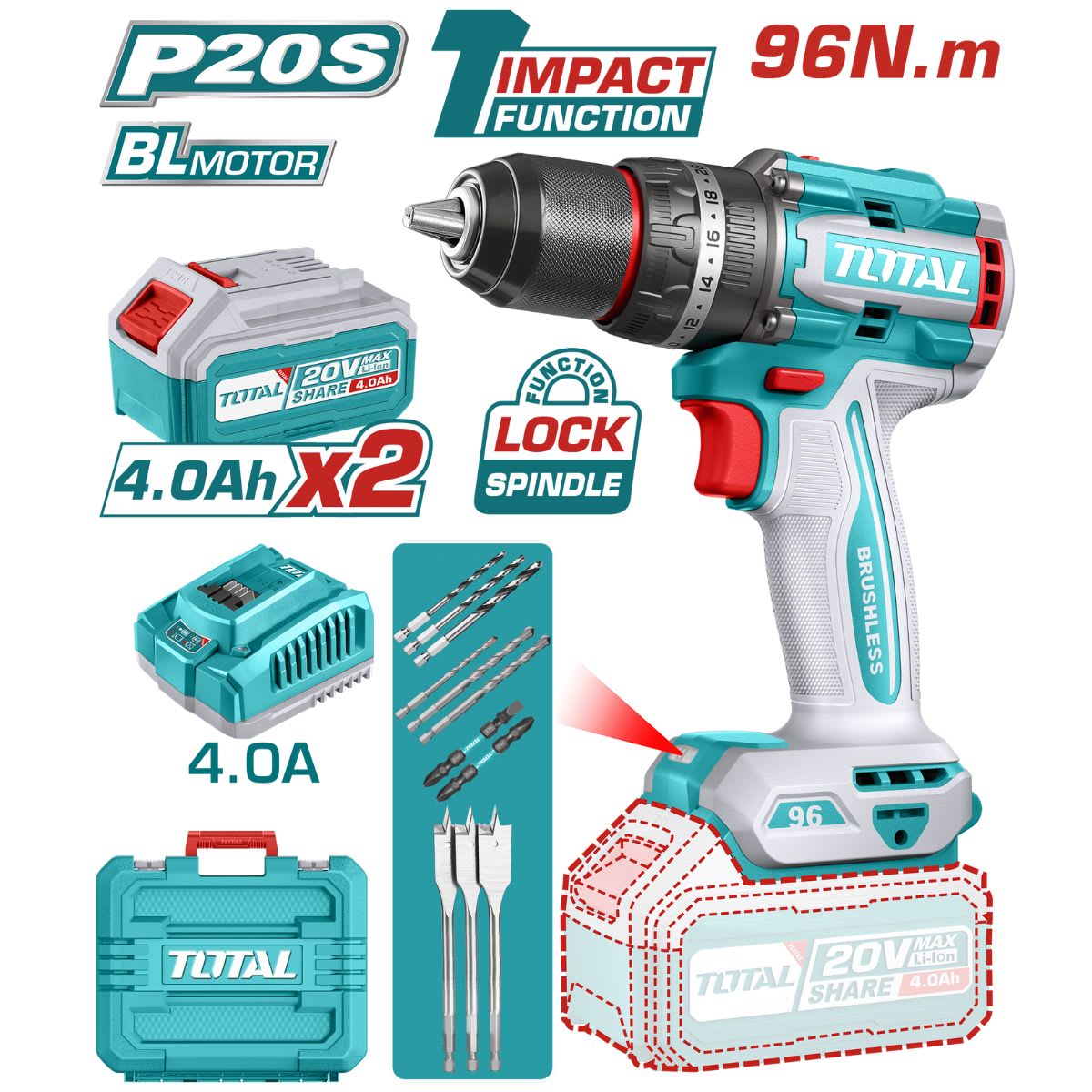 Taladro percutor LI-ON 20V 96NM 13MM + Baterias 2 X 4AH + ACC Maletin - TIDLI209681