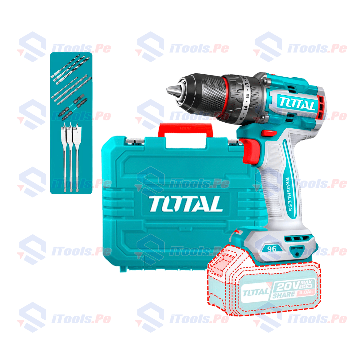 Taladro percutor li-on 20V 96NM 13MM + acc maletin TOTAL BARETOOLS - TIDLI20968MLT1