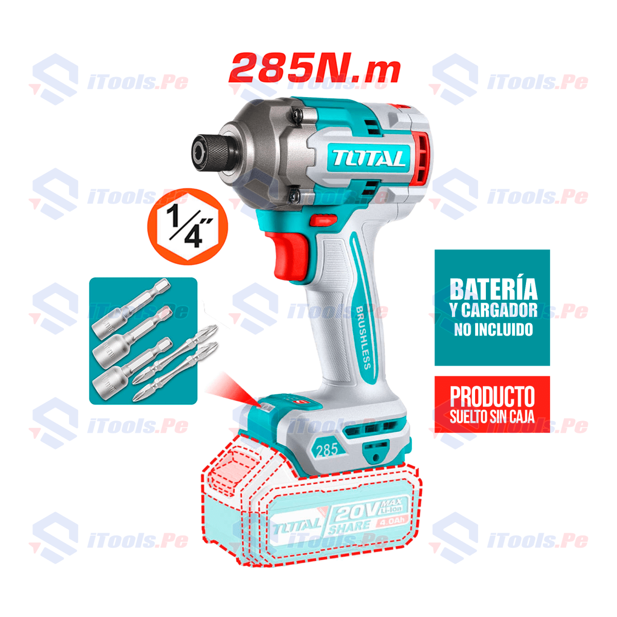 ATORNILLADOR 285NM BRUSHLESS LI-ION 20V 6.35MM CABEZAL S/CAJA1