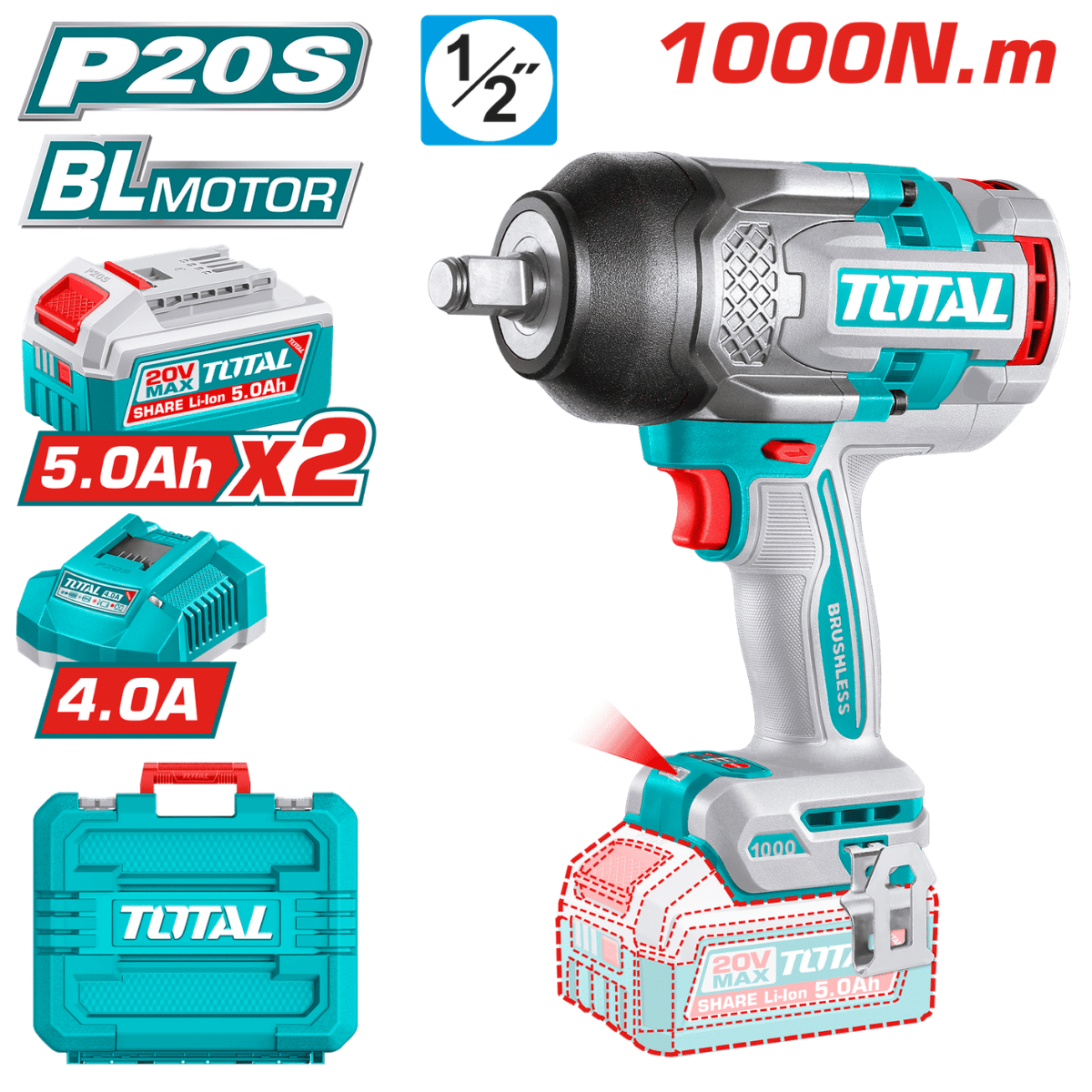 LLAVE IMPACTO 20V BRUSHLESS 1000N.m. 1/2” - 2X5.0AH/ TIWLI201001