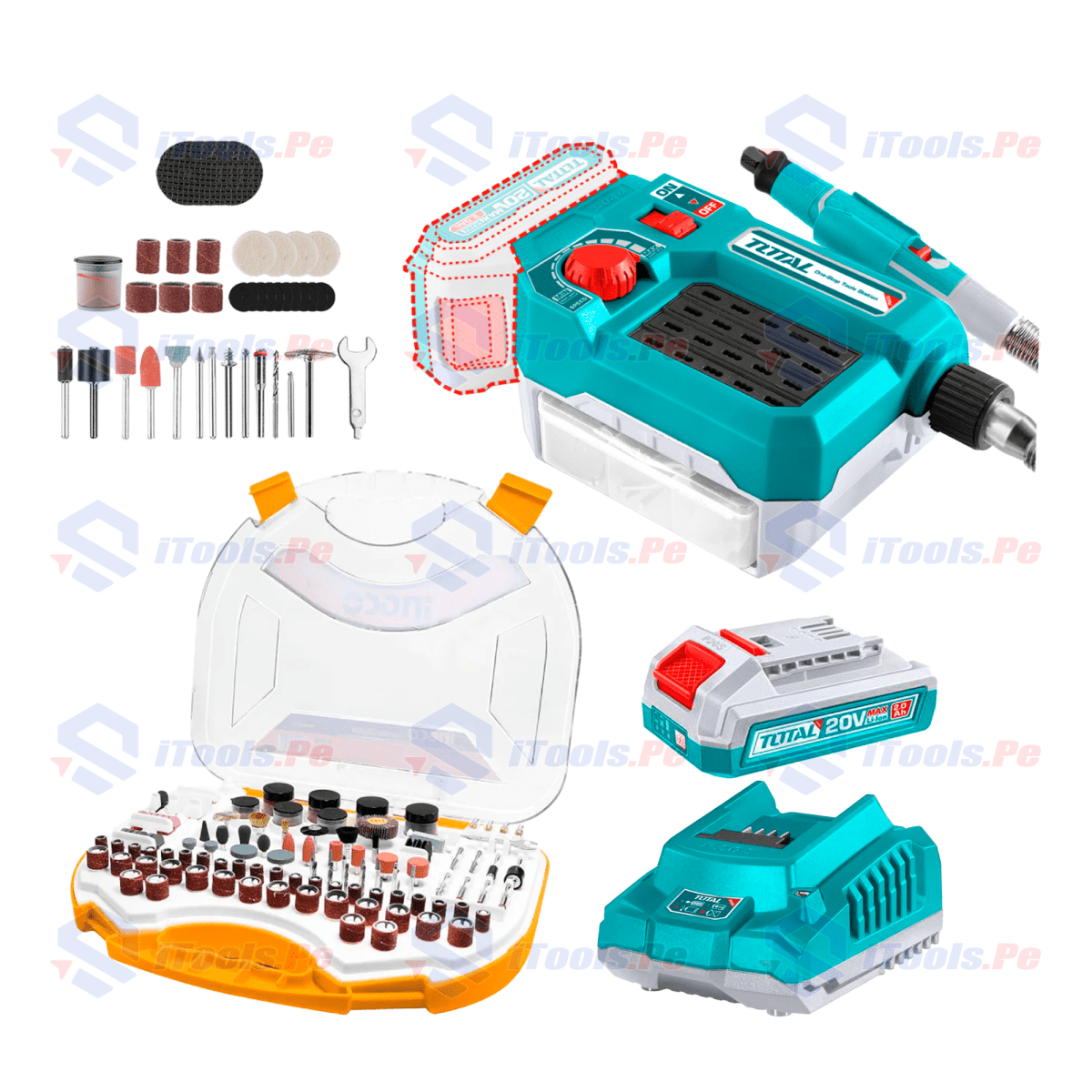 KIT MINI AMOLADORA 20V + BATERÍA 2AH + CARGADOR + SET ACCESORIOS 250 PCS1