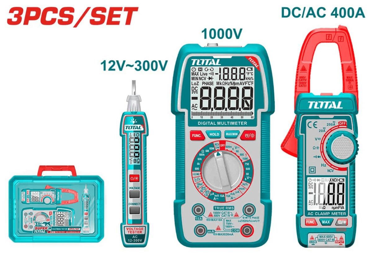 KIT TEST ELECTRICO MULTIMETRO + PINZA AMPERIMETRICA + DETECTOR DE VOLTAJE TOTAL / TOS240671