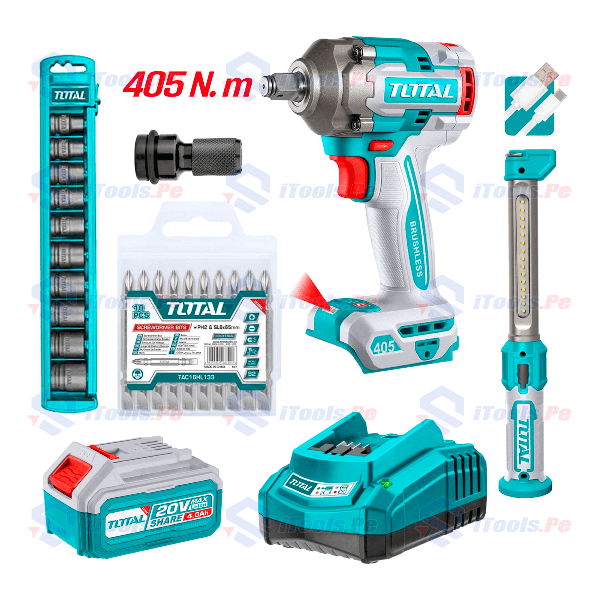 KIT LLAVE DE IMPACTO 405 NM + LINTERNA + DADOS TOTAL1
