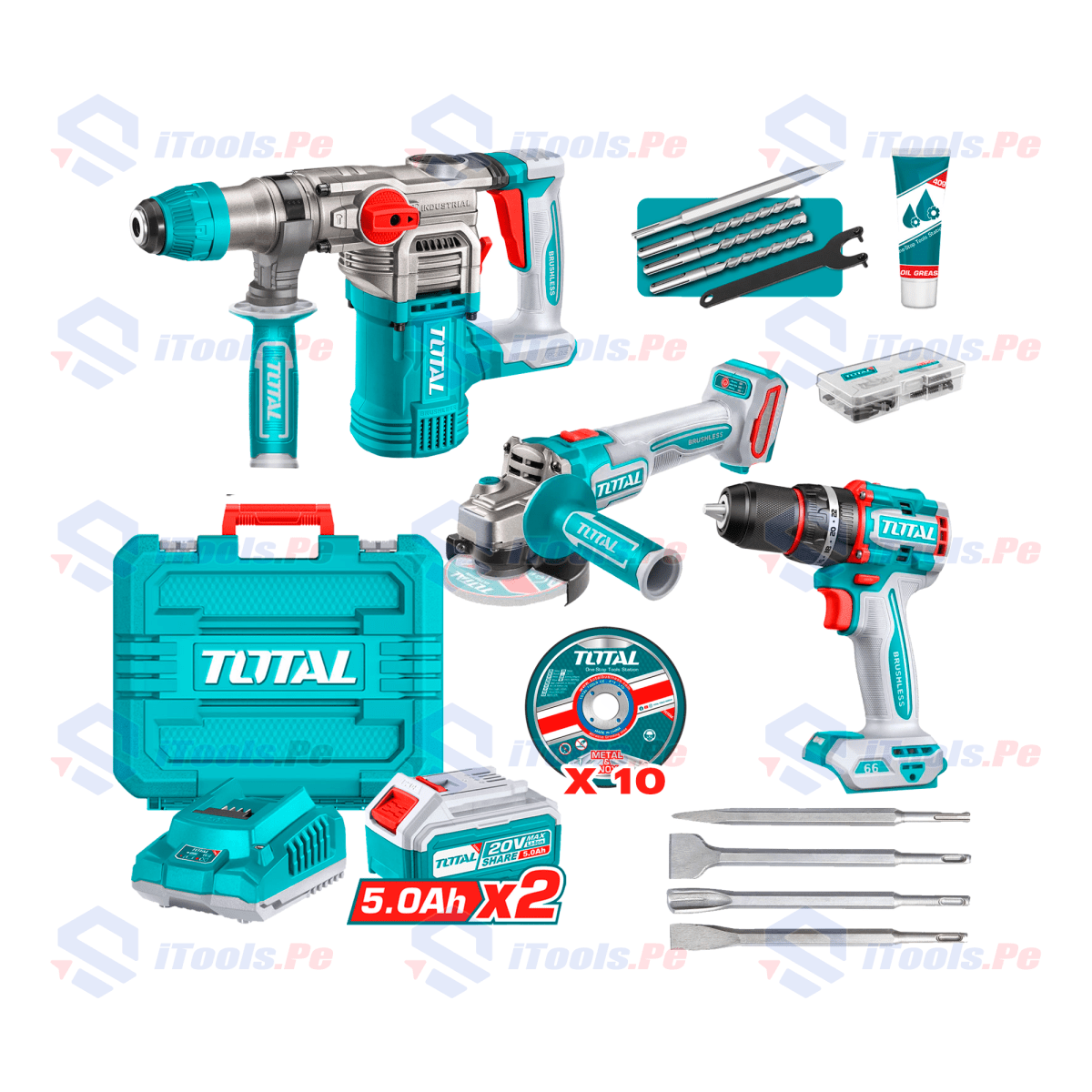 Mega combo industrial taladro + amoladora + rotomartillo / tosli241183 + Kit cinceles sds plus / bct4011