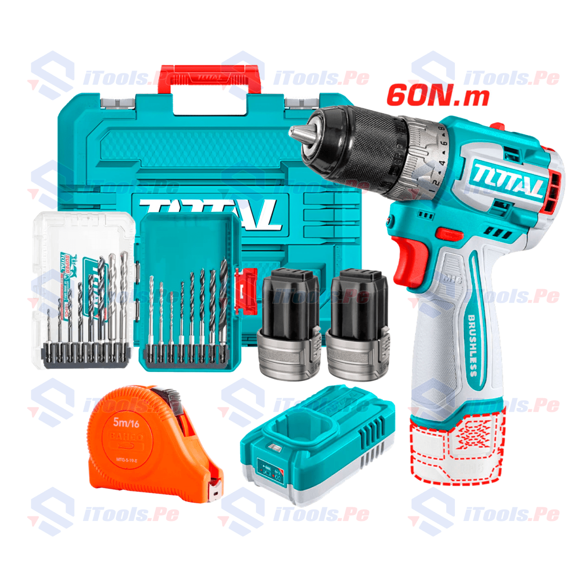 KIT TALADRO PERCUTO 60 NM 16V + WINCHA 5 METROS BAHCO1