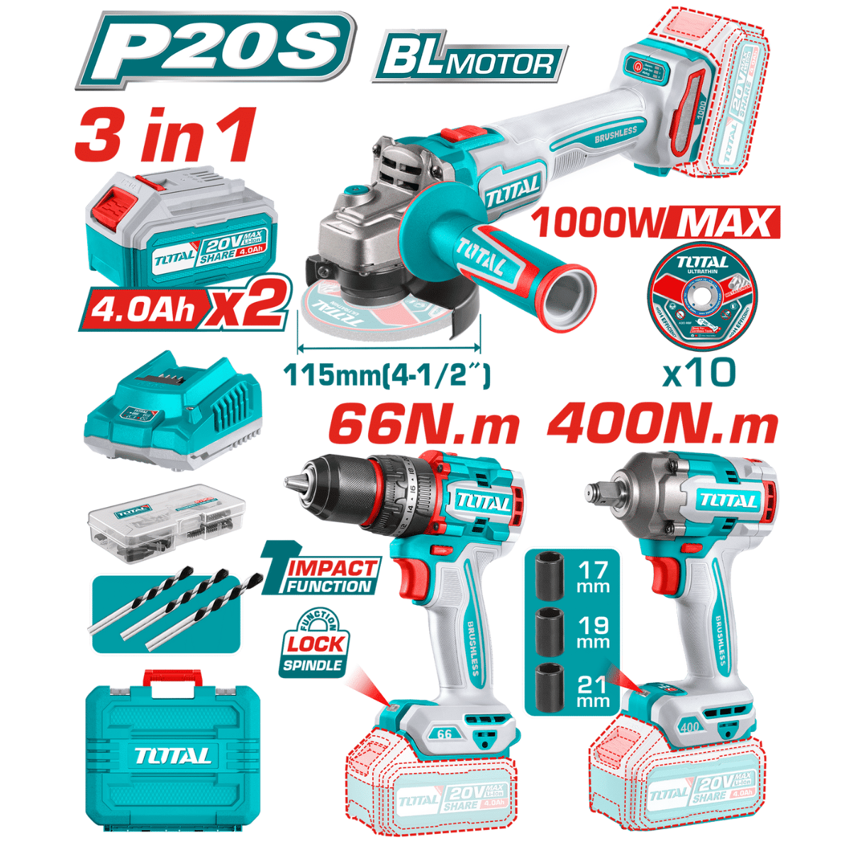 Combo Taladro, Amoladora y Llave de Impacto 20V TOSLI2412911