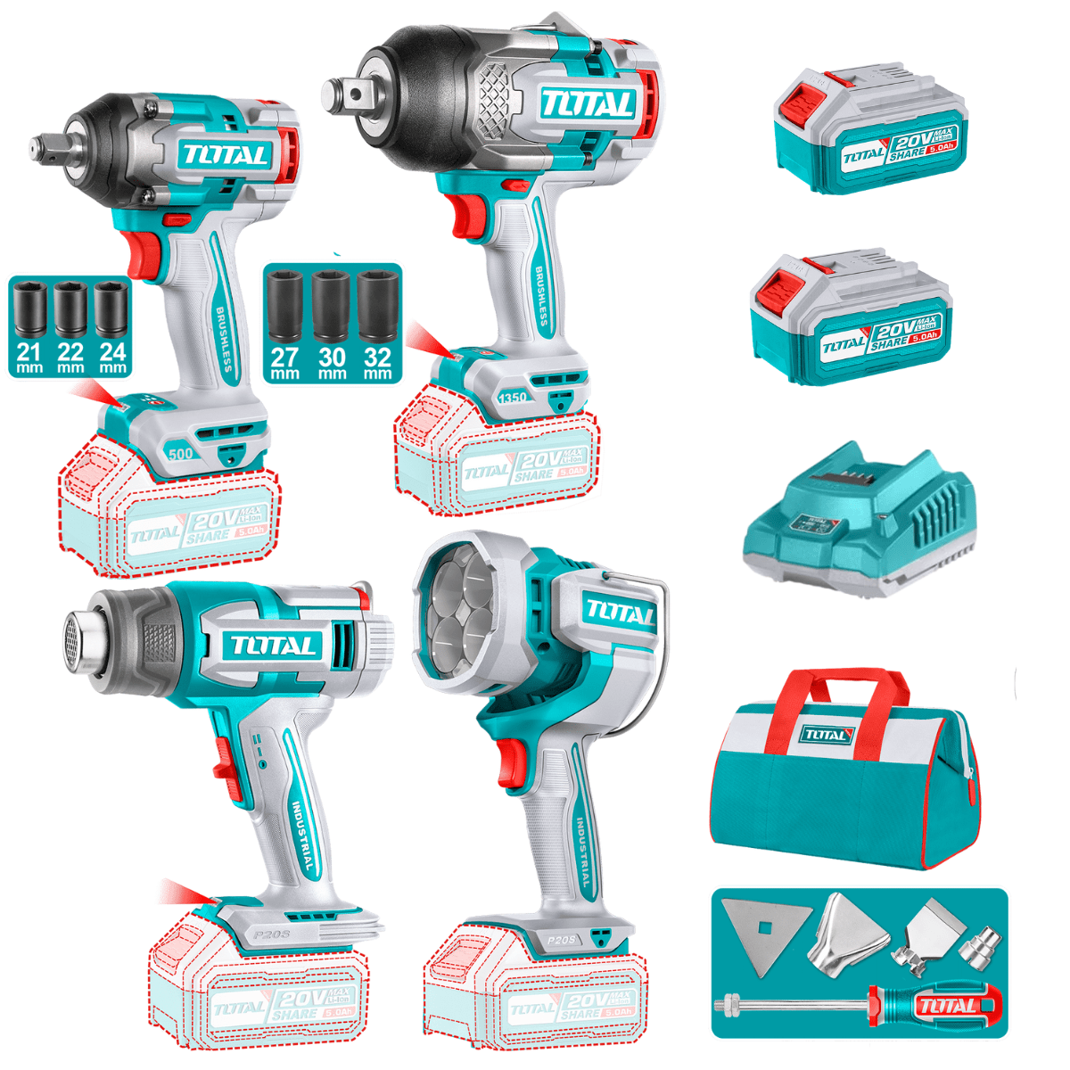 COMBO 20V LLAVE IMPACTO + PISTOLA CALOR + LINTERNA + MALETIN 2X5.0AH INDUSTRIAL EDIC.LIMITADA2