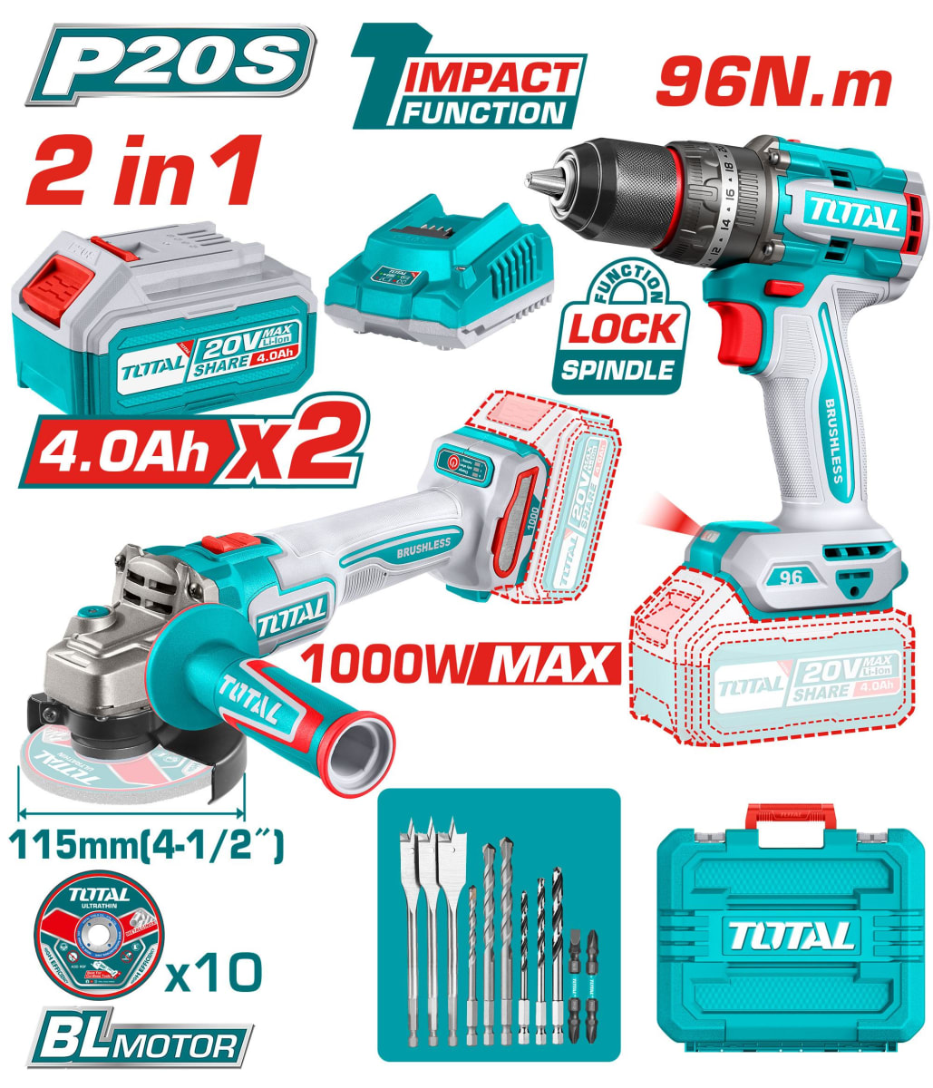 Combo Taladro 96N.m. y Amoladora BRUSLESS 20V INDUSTRIAL  TOSLI2412981