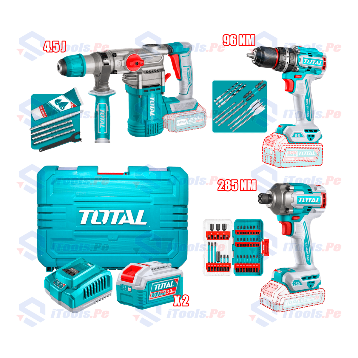 Combo 3 en 1: Taladro 96NM + Atornillador 285NM + Rotomartillo 4.5J TOTAL - TOSLI2506931