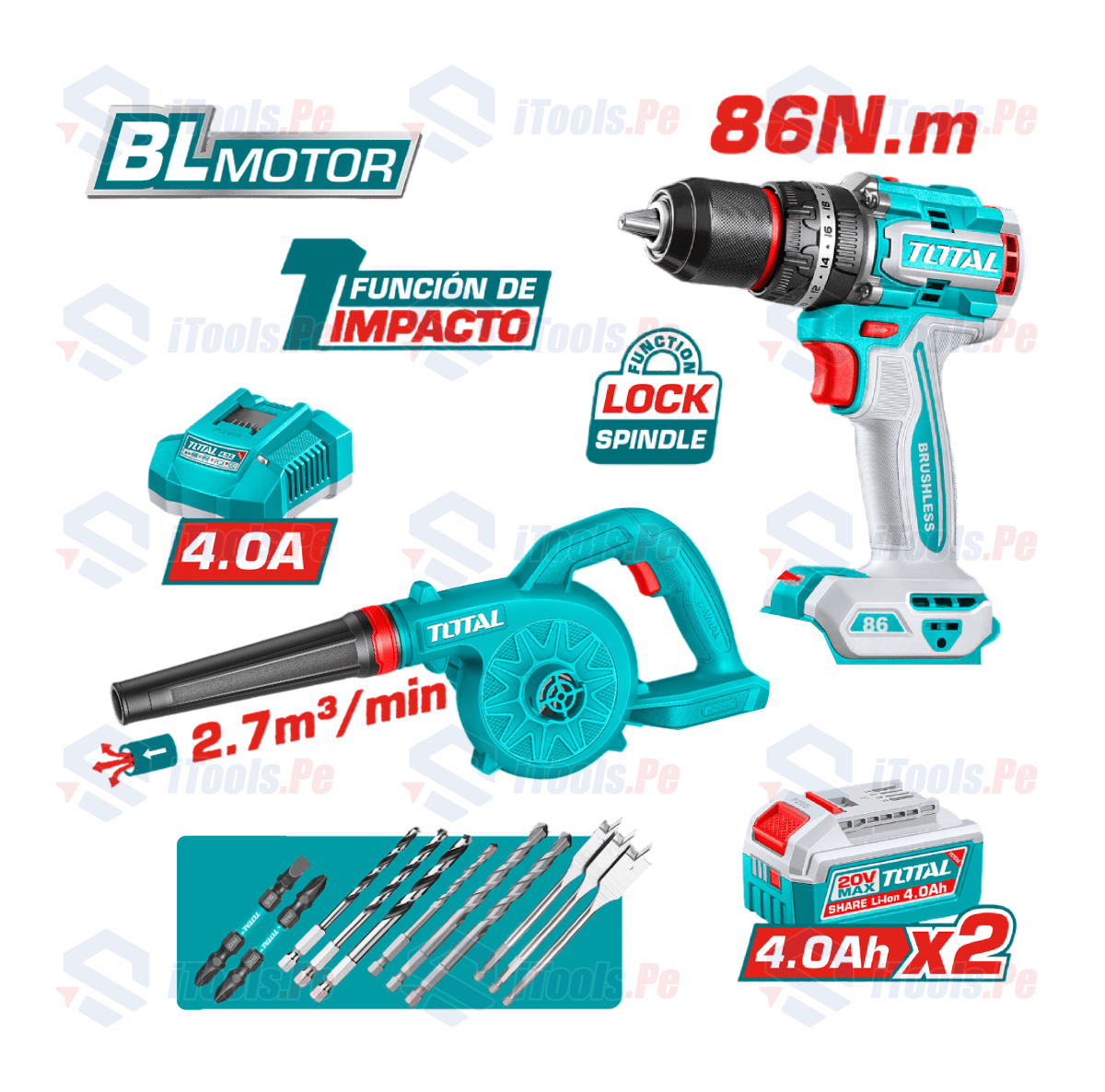 TALADRO 86NM Y SOPLADORA TOTAL 20V + 2 BAT 4AH + CARGADOR RAPIDO TOTAL1