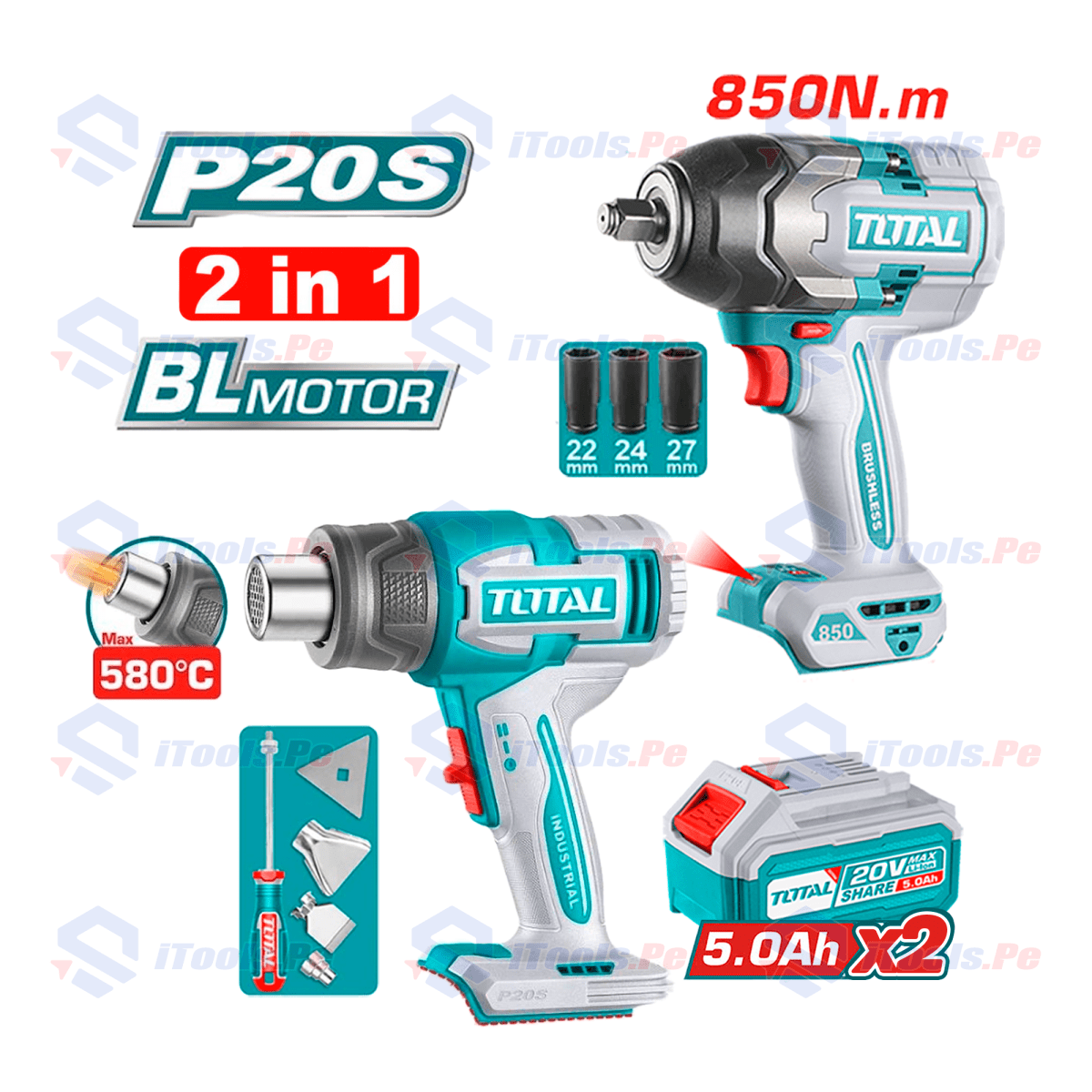 Megacombo llave de impacto 850nm + pistola de calor 580 20v total +2 baterias de 5ah /tosli260381.1