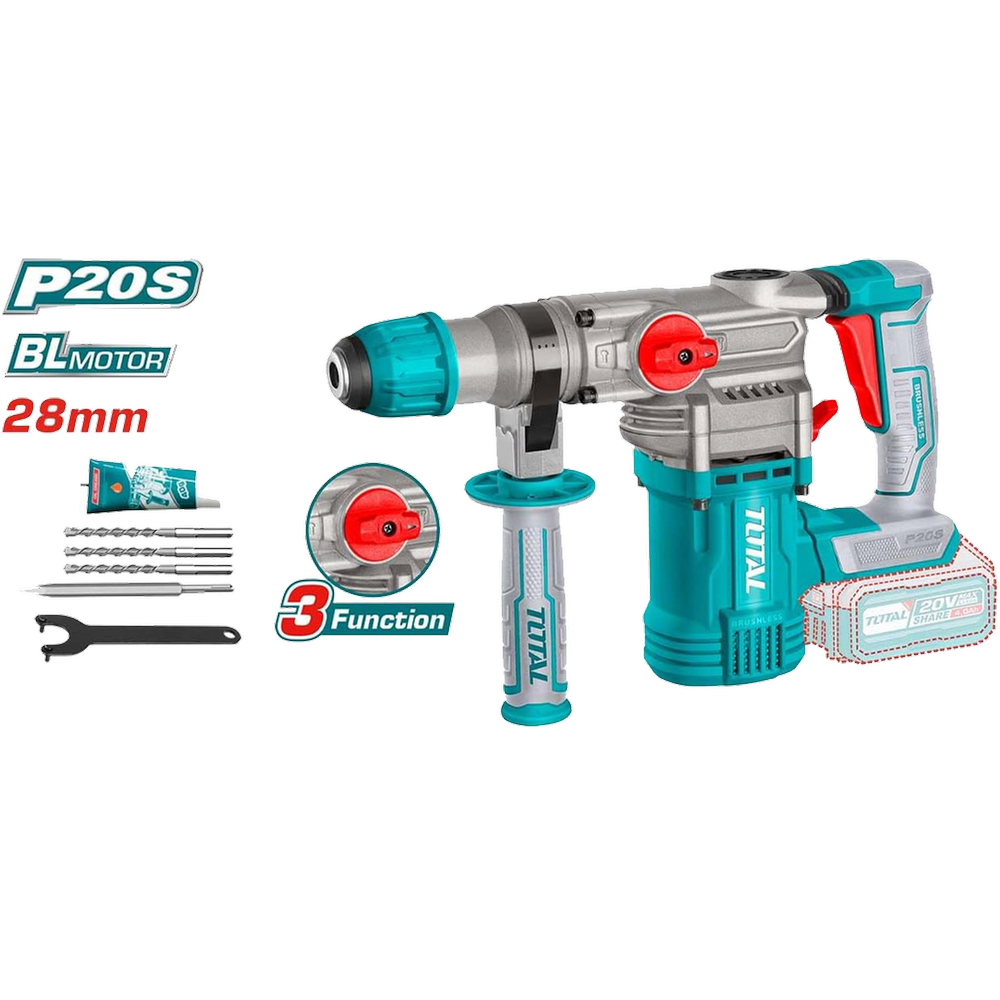 ROTOMARTILLO SDS PLUS INALAMBRICO 20V 4.5J BRUSHLESS INDUSTRIAL BARETOOLS TOTAL / TRHLI202881