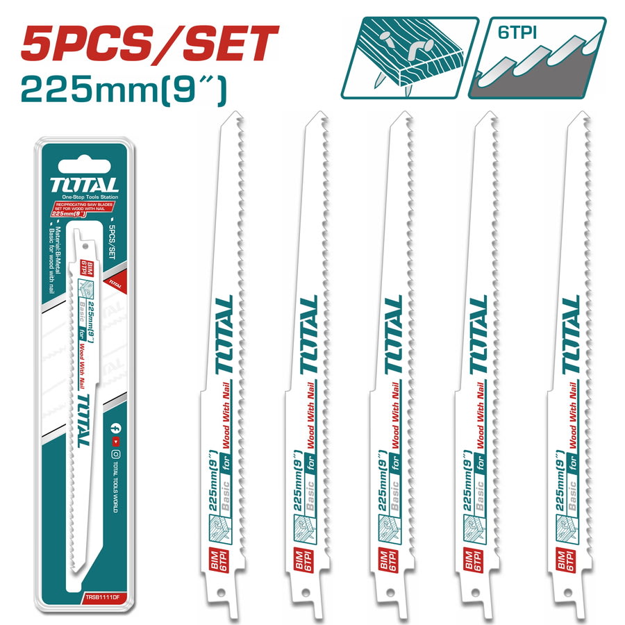 SET 5 HOJA SIERRA SABLE 225MM/9” PARA MADERA TOTAL / TRSB1111DF1