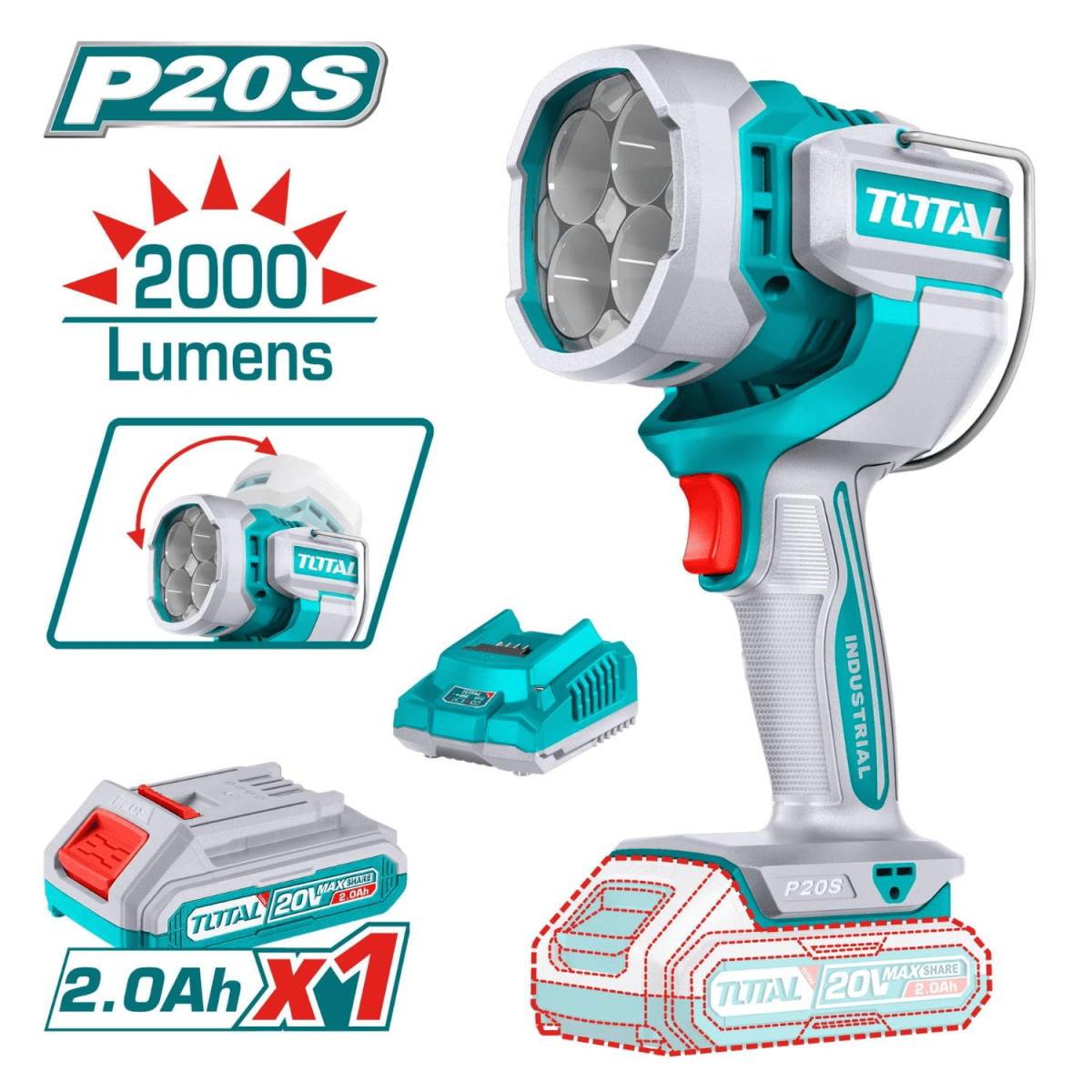 LINTERNA DE TRABAJO 20V 2000 LUMINES + BATERIA 2.0 AH TOTAL / TWLI208811