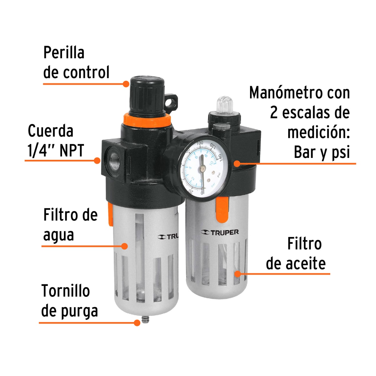 Filtro y regulador de aire con módulo de lubricación, Truper2