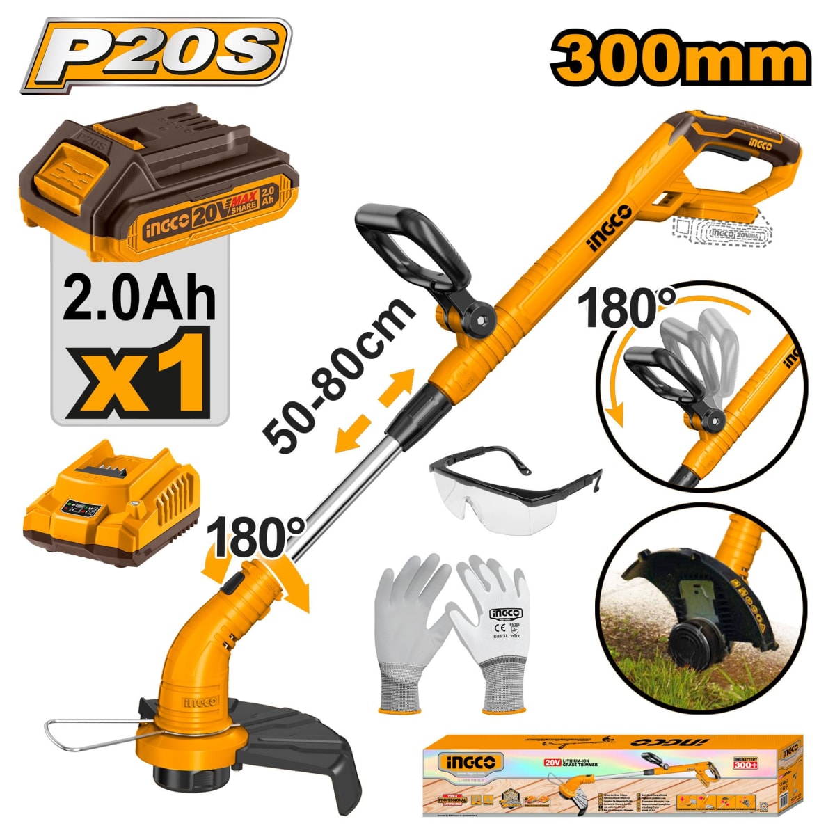 BORDEADORA 20V C 1 BAT Y CARGADOR P20S MANGO REG INGCO CGTLI203011