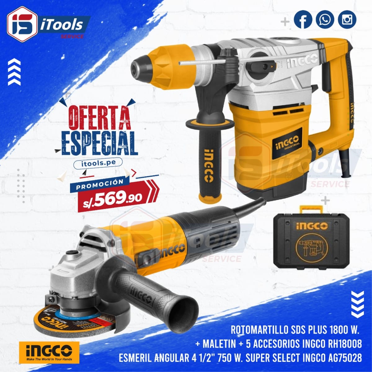 ROTOMARTILLO SDS PLUS 1800 W. INGCO RH18008 + ESMERIL ANGULAR 750 W. AG75028 AG750281