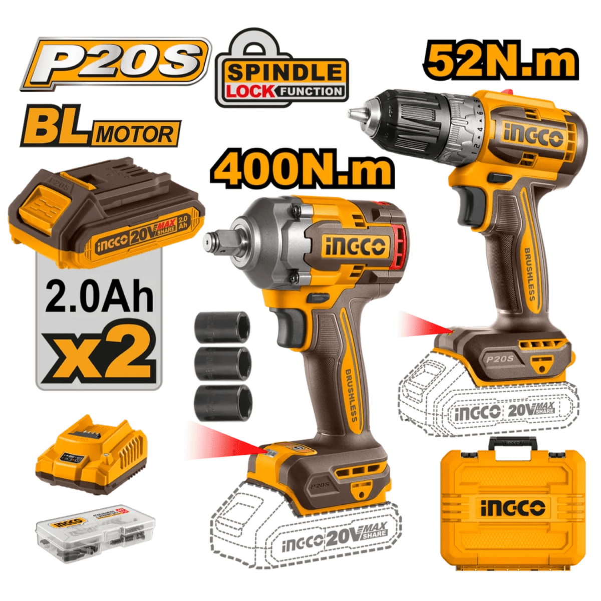 KIT BRUSHLESS TALADRO ATORNILLADOR + LLAVE DE IMPACTO + 2 BATERIAS + CARGADOR / CKLI202711