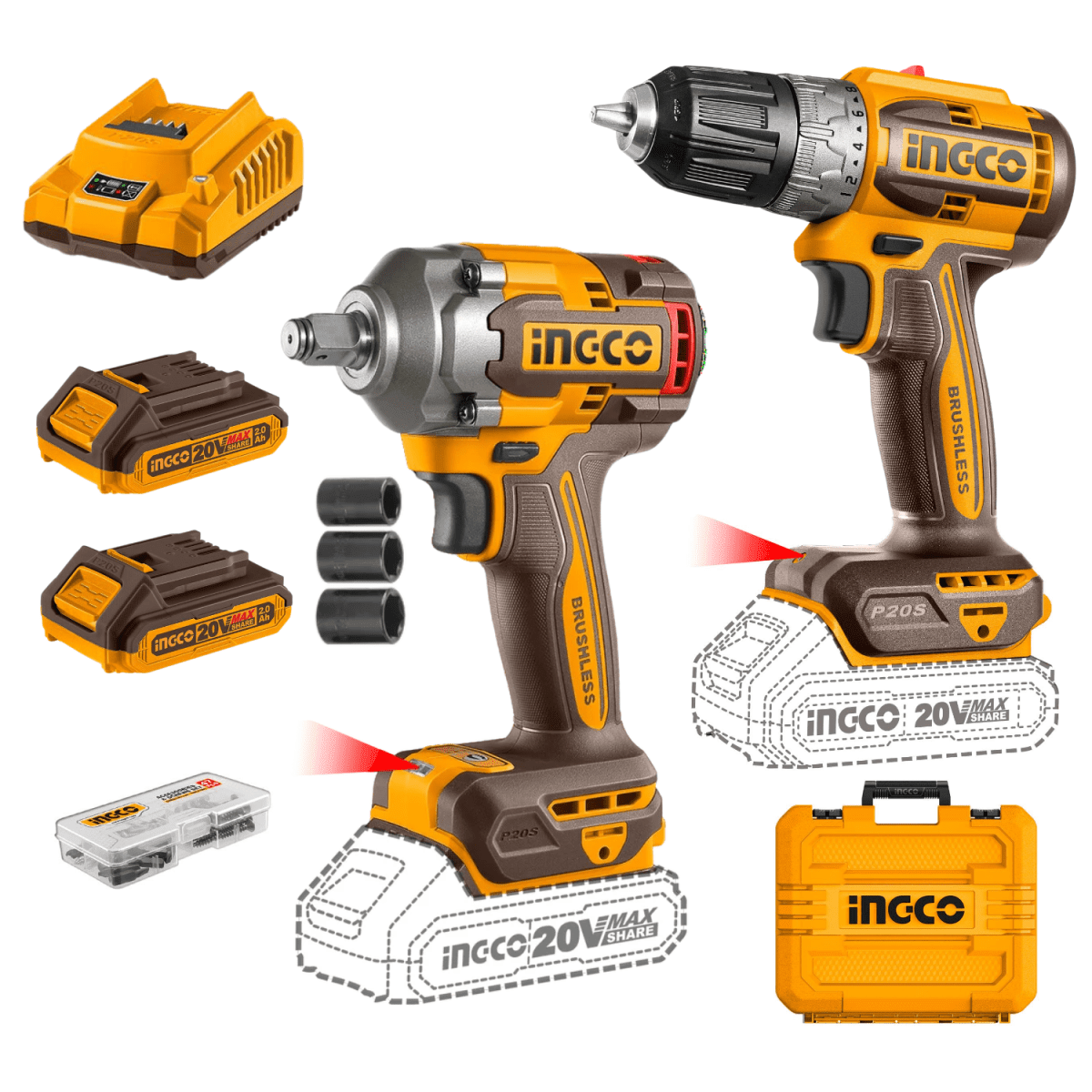 KIT BRUSHLESS TALADRO ATORNILLADOR + LLAVE DE IMPACTO + 2 BATERIAS + CARGADOR / CKLI202714