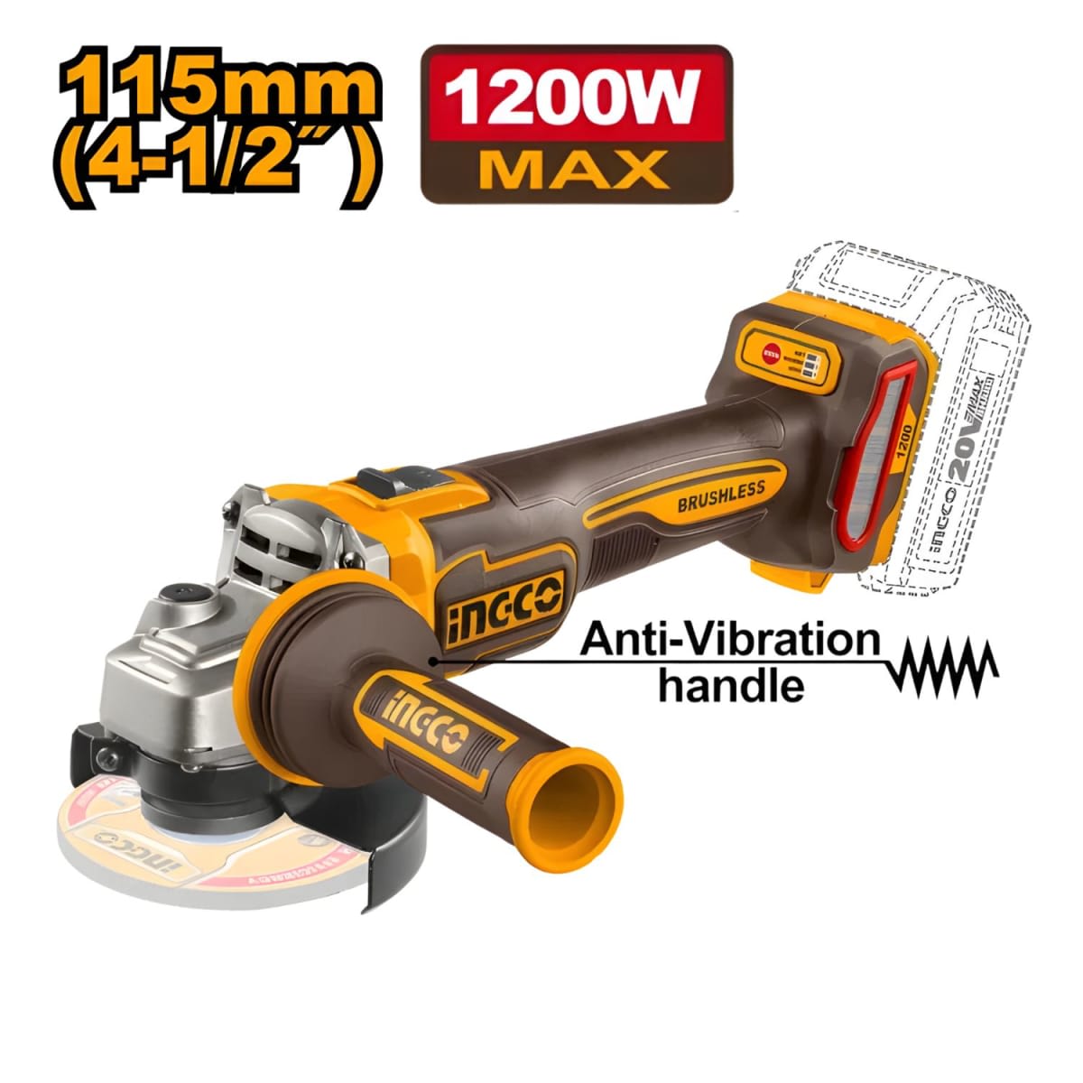 KIT Taladro percutor 96nm + Llave de impacto 850nm + Amoladora 20v Ingco COSLI2512923