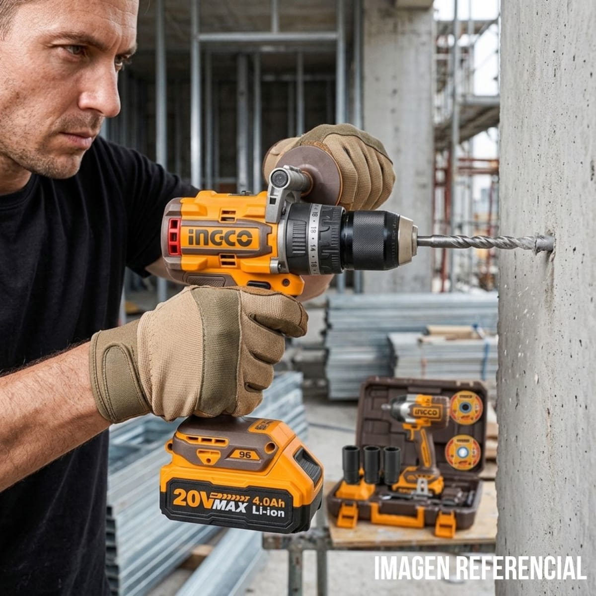 KIT Taladro percutor 96nm + Llave de impacto 850nm + Amoladora 20v Ingco COSLI2512925