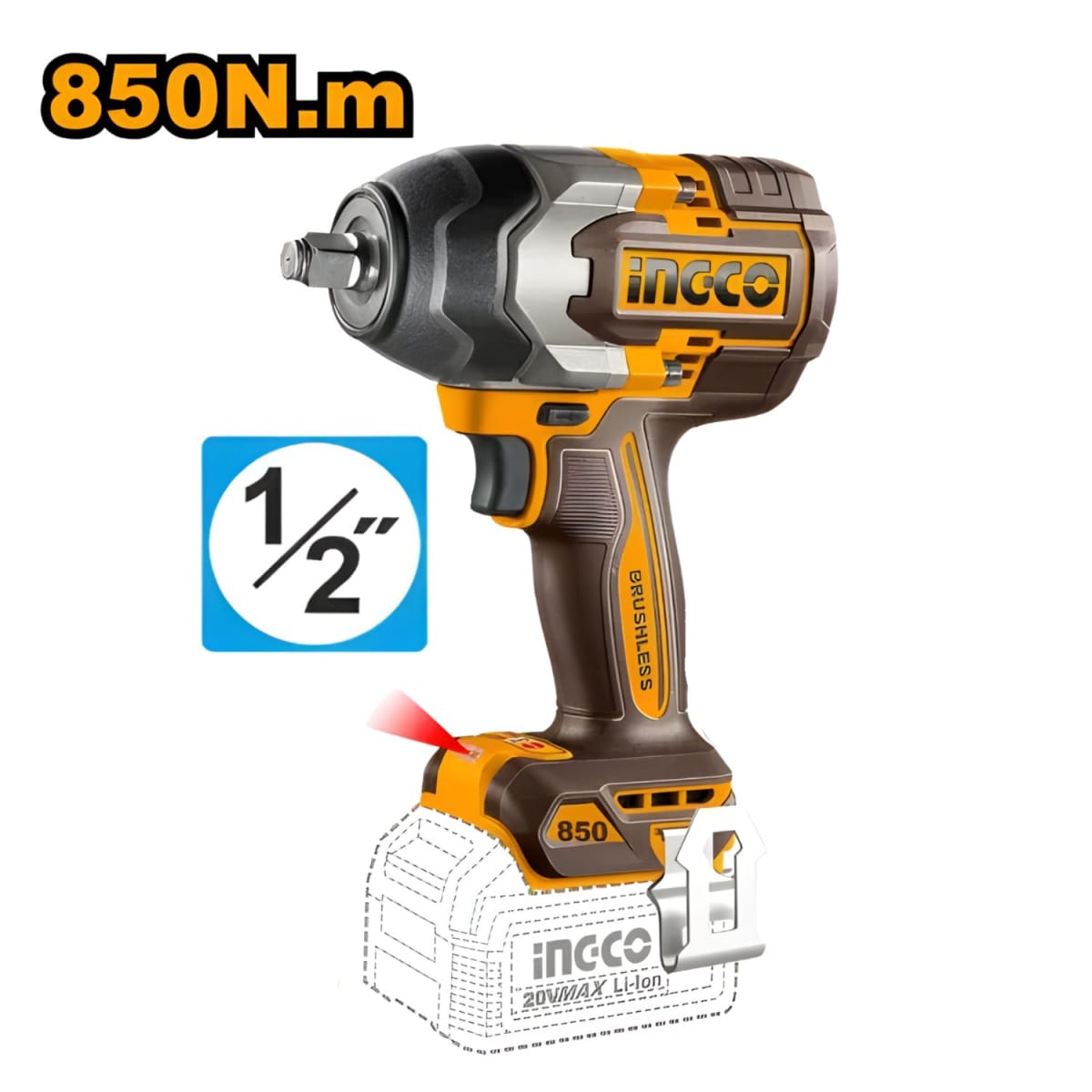 KIT Taladro percutor 96nm + Llave de impacto 850nm + Amoladora 20v Ingco COSLI2512924