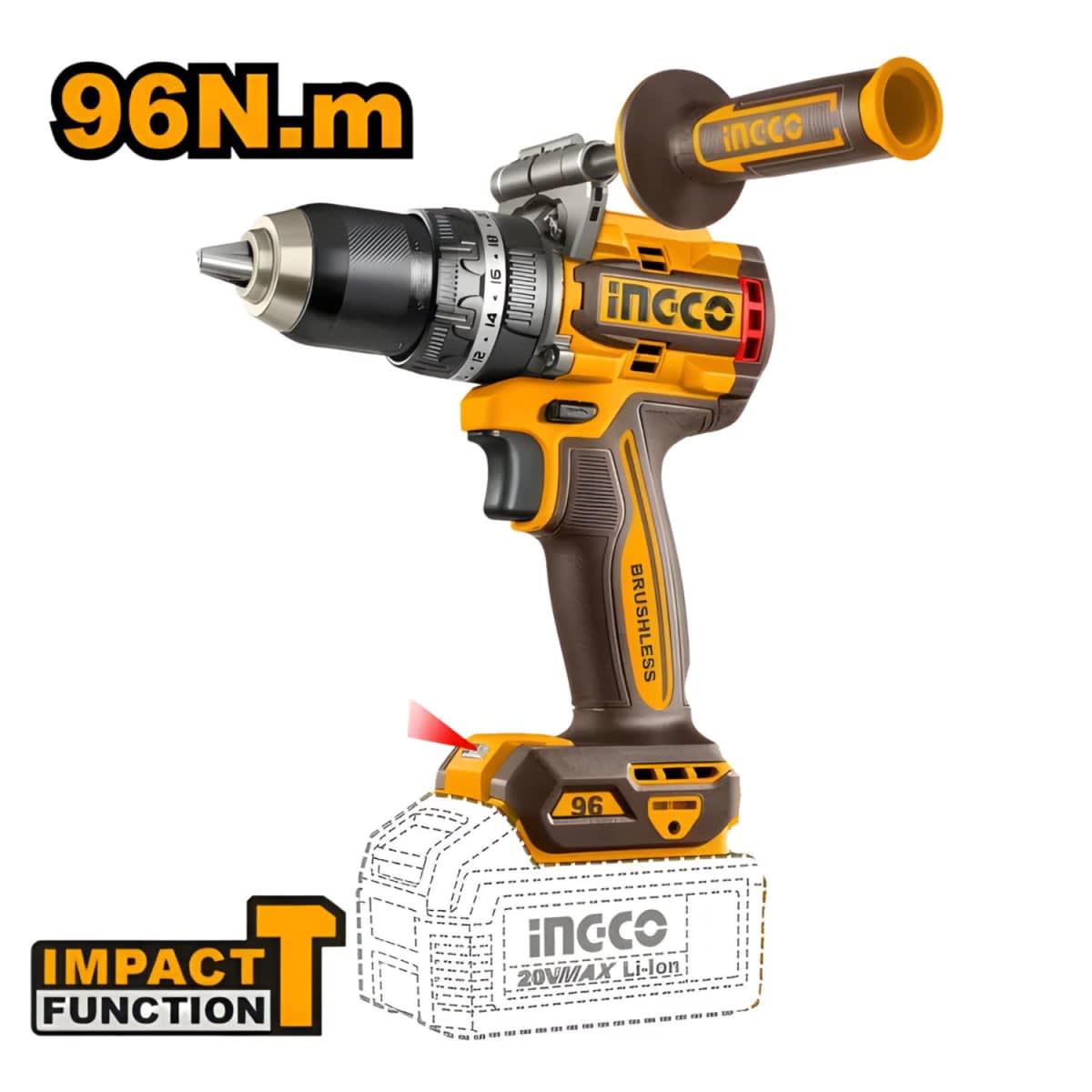 KIT Taladro percutor 96nm + Llave de impacto 850nm + Amoladora 20v Ingco COSLI2512922