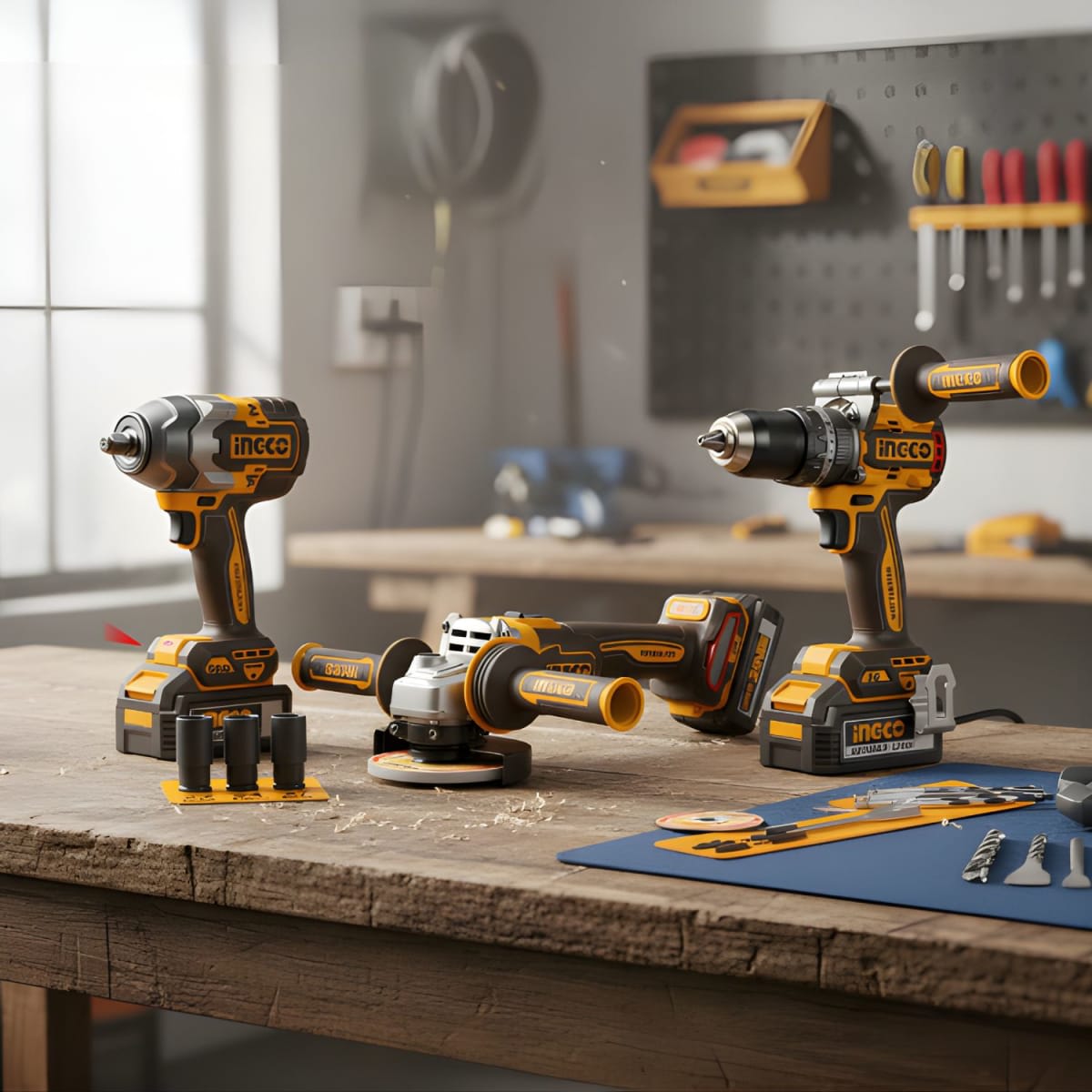 KIT Taladro percutor 96nm + Llave de impacto 850nm + Amoladora 20v Ingco COSLI2512926