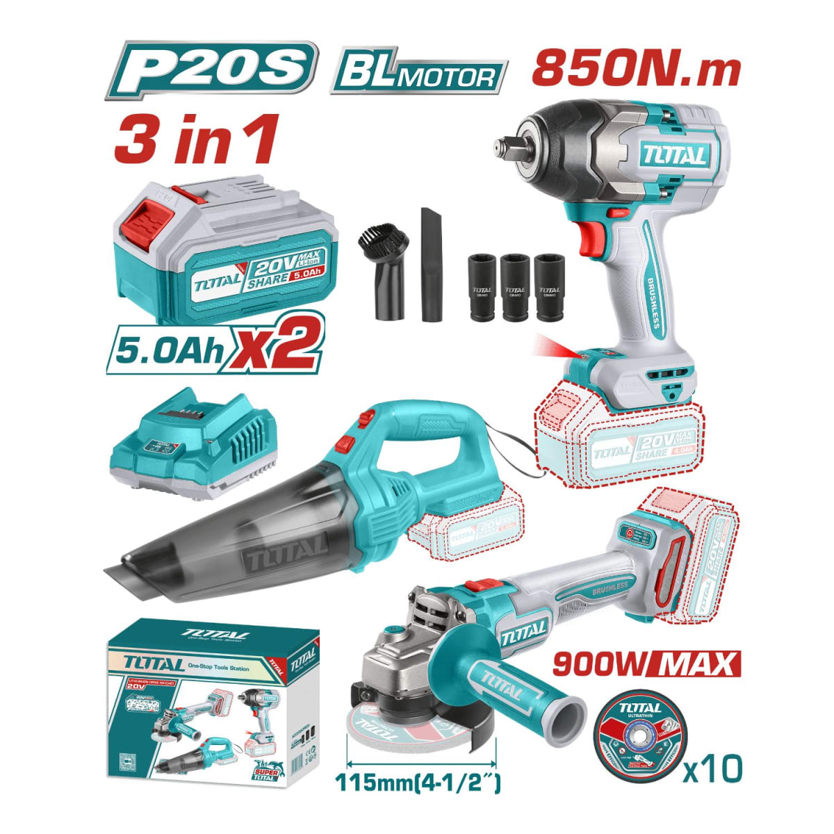 COMBO LLAVE 850NM + ASPIRADORA + AMOLADORA + BATERIAS DE 5.0AH  TOTAL / TOSLI2407892