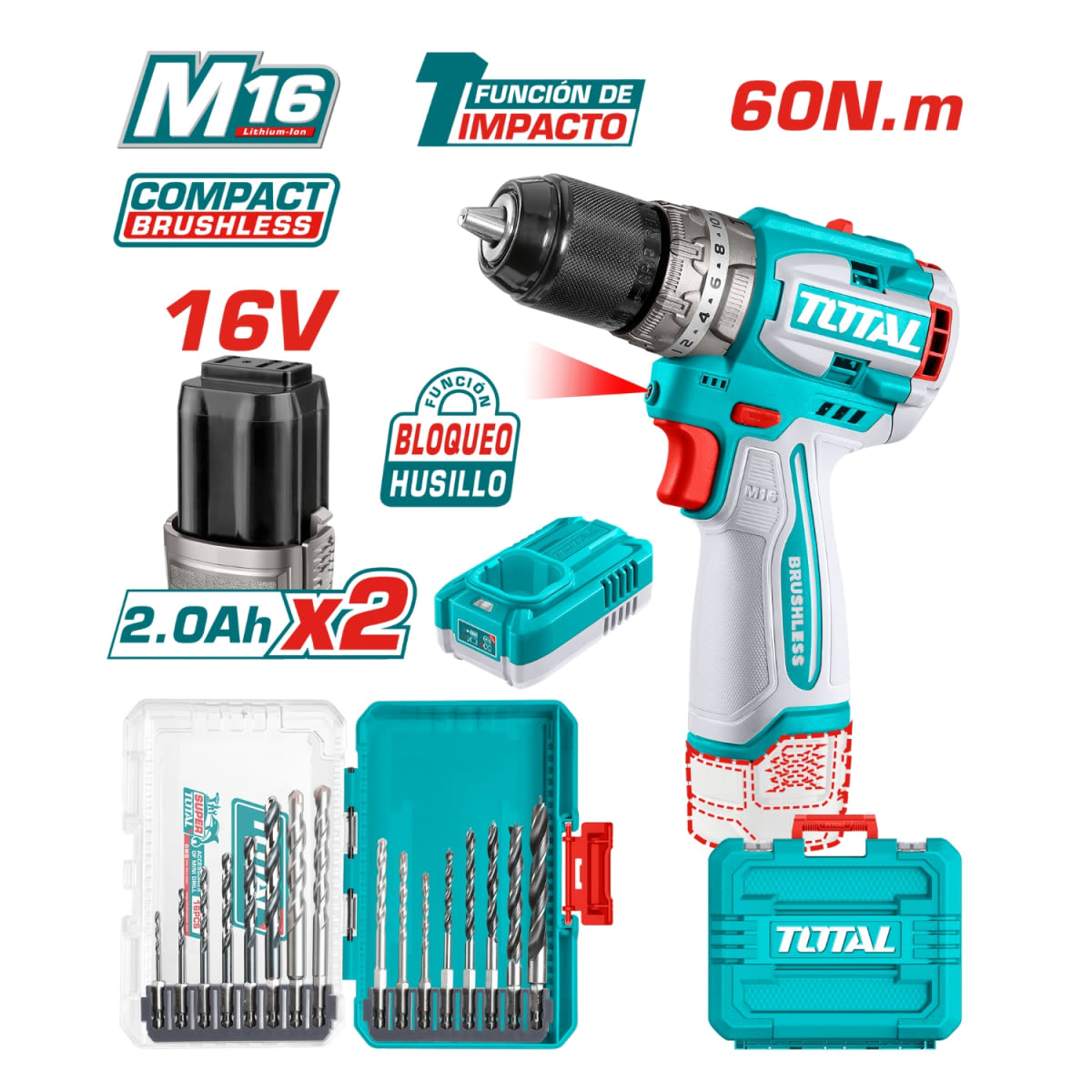 COMBO TALADRO PERCUTOR 60NM 16V COMPACTO 2X2.0AH + SET BROCAS DE 16 PZS / TOSLI2411991