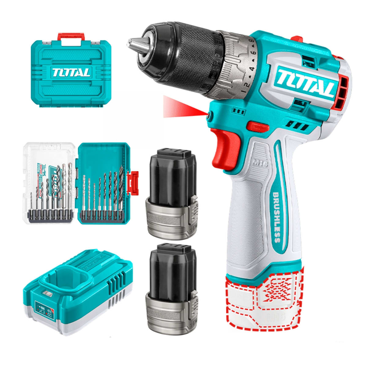 COMBO TALADRO PERCUTOR 60NM 16V COMPACTO 2X2.0AH + SET BROCAS DE 16 PZS / TOSLI2411992