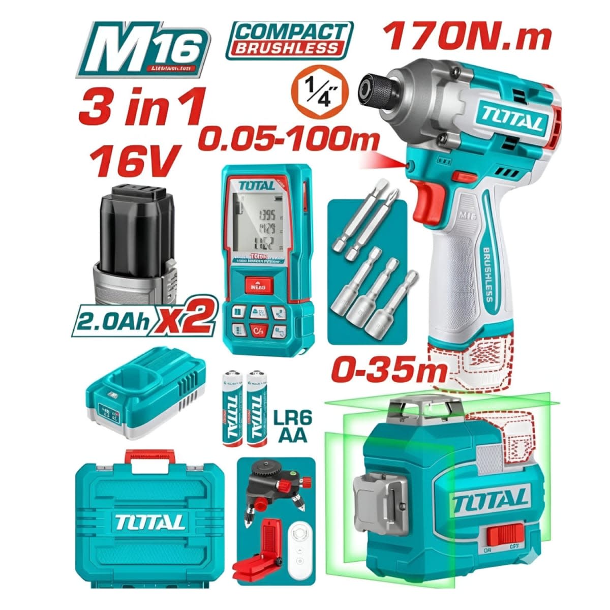 COMBO 3 EN 1 M16 DESORNILLADOR IMP 170NM + MEDIDOR LASER + NIVEL LASER INDUSTRIAL1