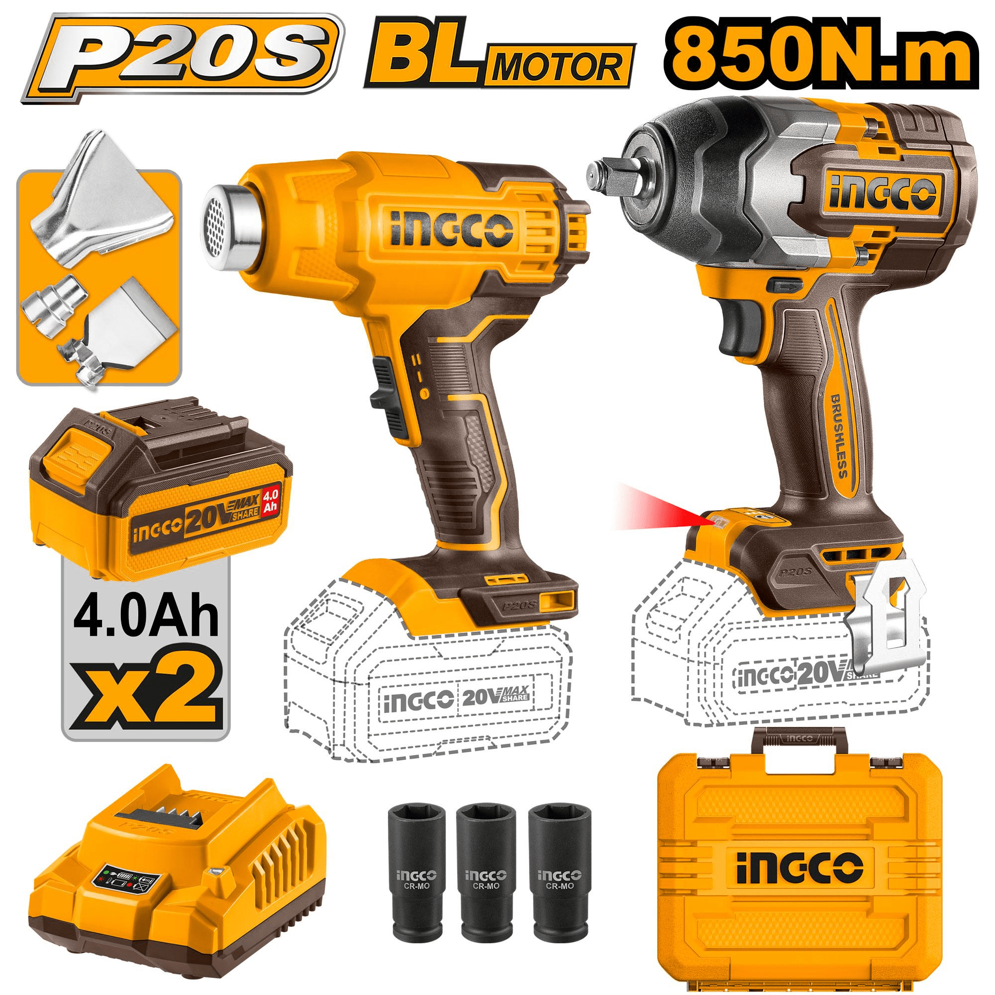 LLAVE DE IMPACTO 850 NM + PISTOLA DE CALOR INALAMBRICA 550°C 20V INGCO ...