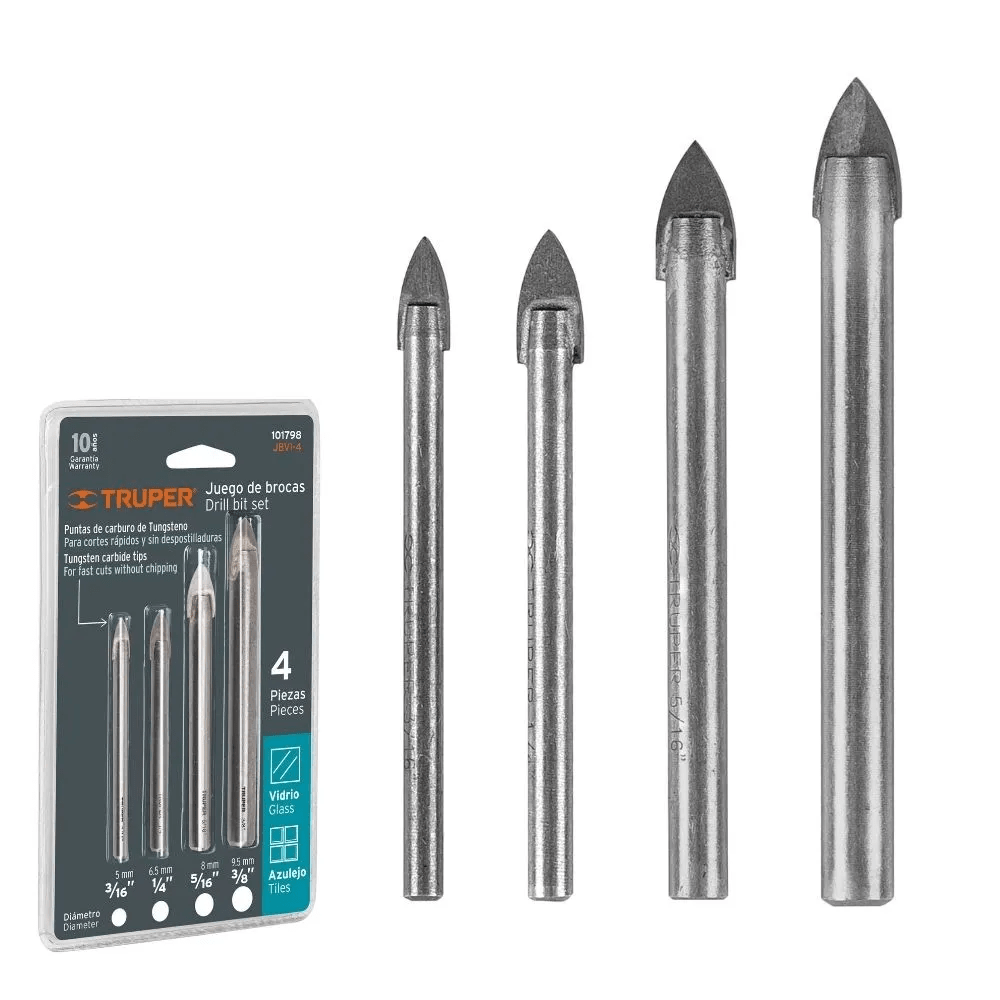 Juego de brocas para vidrios y azulejos de acero con cabeza de carburo de tungsteno, 4 pz Surtek