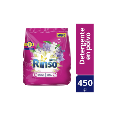 DETERGENTE EN POLVO AROMA JAZMÍN Y VIOLETA 450 GRS RINSO MATIC1