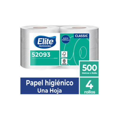 PAPEL HIGIÉNICO ALTO METRAJE HOJA SIMPLE 4 ROLLOS 500 MTS ELITE