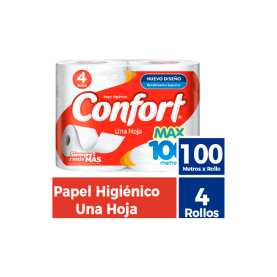 PAPEL HIGIÉNICO BAJO METRAJE HOJA SIMPLE 4 ROLLOS 100 MTS CONFORT1