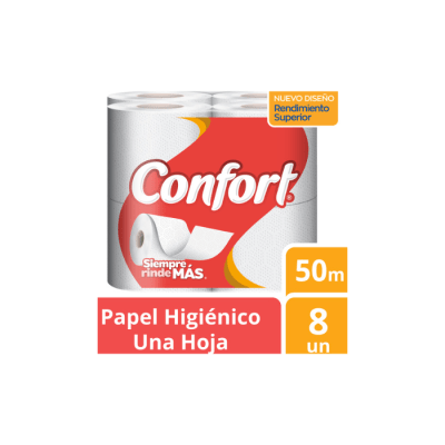 PAPEL HIGIÉNICO BAJO METRAJE HOJA SIMPLE 8 ROLLOS 50 MTS CONFORT