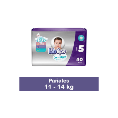 PAÑAL DE BEBÉ (ETAPA 5) TALLA XG PAQUETE DE 40 UNIDADES BBTIPS SENSITIVE1