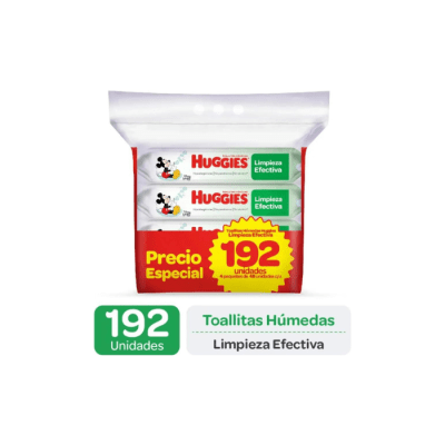 PACK TOALLAS HÚMEDAS LIMPIEZA EFECTIVA 4 PAQUETES DE 48 UNIDADES (192 UNIDADES) HUGGIES