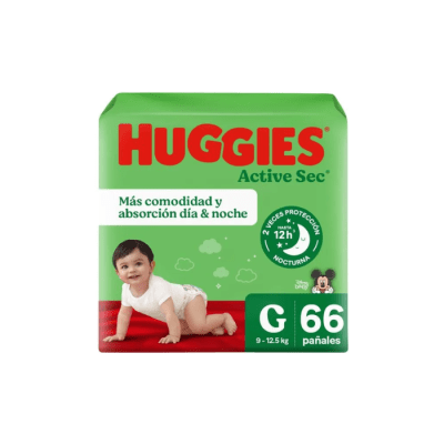 PAÑAL DE BEBÉ ACTIVE SEC TALLA G PAQUETE DE 66 UNIDADES HUGGIES